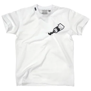 白いTシャツに描かれた黒い絵の具のチューブデザイン。