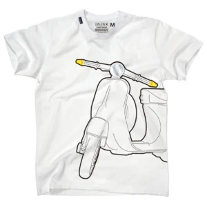 白いTシャツに描かれたスクーターのイラストデザイン。